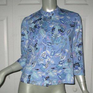 SIGRID OLSEN Blue Floral Pattern Button Shirt 3/4 Sleeves